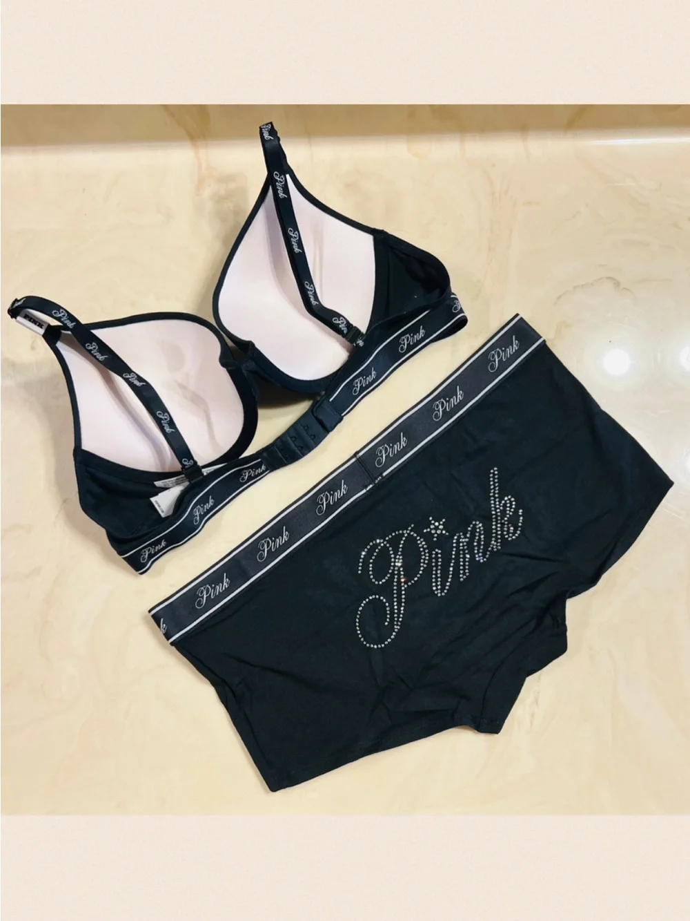 PINK VICTORIA’S SECRET Black Push-Up Bra & Cotton Boyshort Diamante Logo 36B